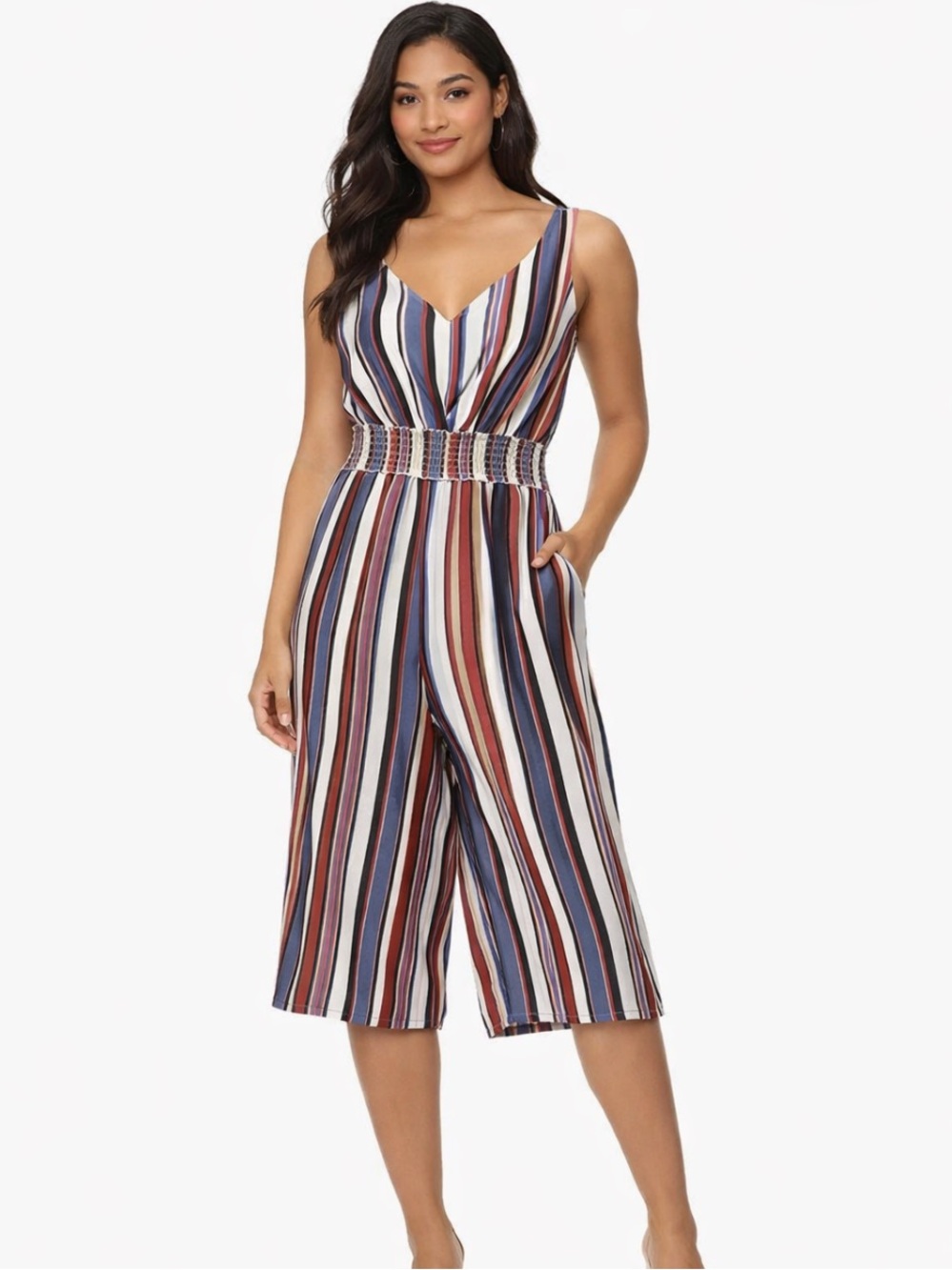 Society+Stitch Mulitcolor Striped Sleeveless Capri Jumpsuit Smocked Waist NWT